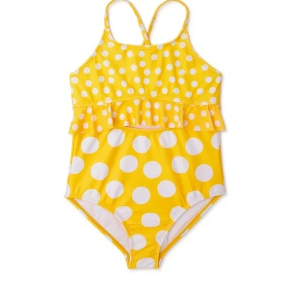 Wonder Nation Yellow and White Polka Dot One Piece Swimsuit XL 14-16 Plus